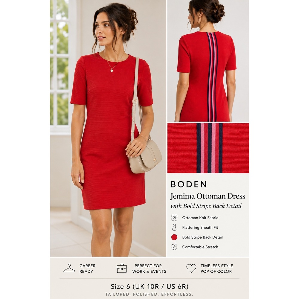 Boden Red Ottoman Knit Dress Stripe Back Detail Preppy Career Dress 6R
